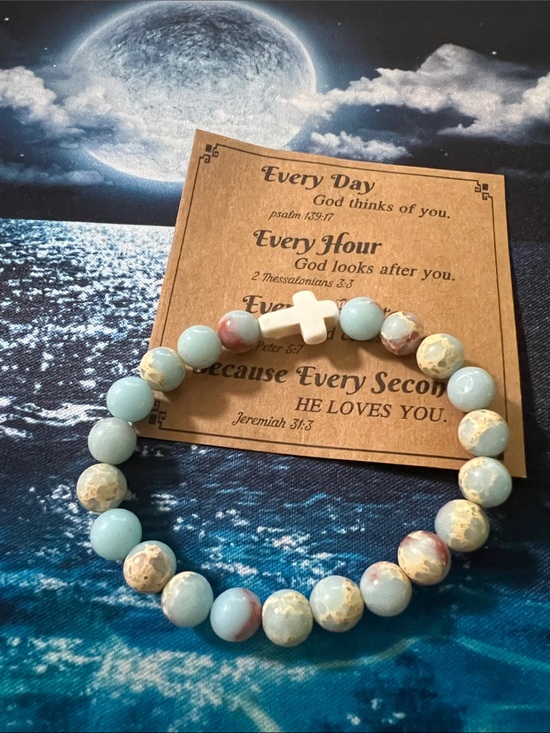 Christian Jasper beads stone bracelet collection Jewelry - #2642**Handcrafted Light Blue Gemstone Stretch Bracelet with White Cross